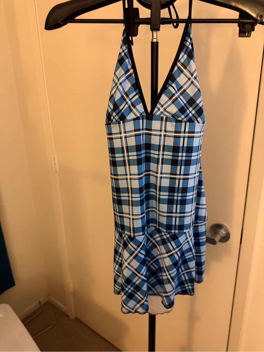 Woman’s Naughty school girl Blue Plaid Mini Dress with Halter Neck